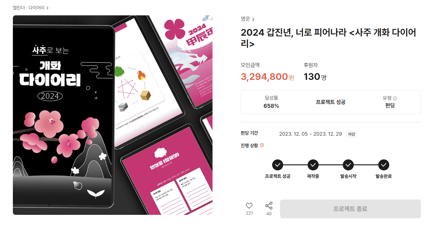 SajuFloweringDiary 펀딩 페이지 — 658% 달성